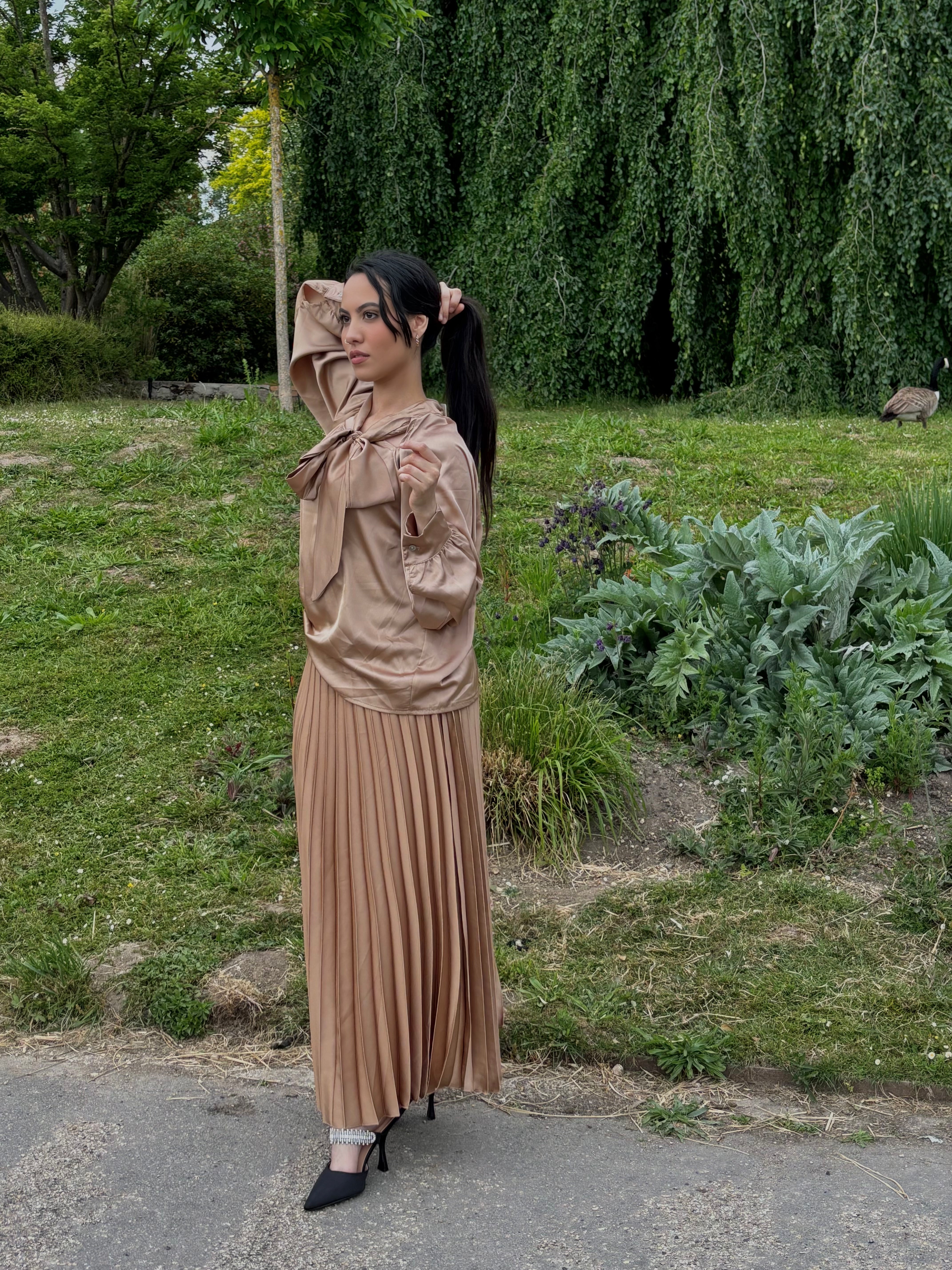 Ensemble Chemise & Jupe Plisée Marron