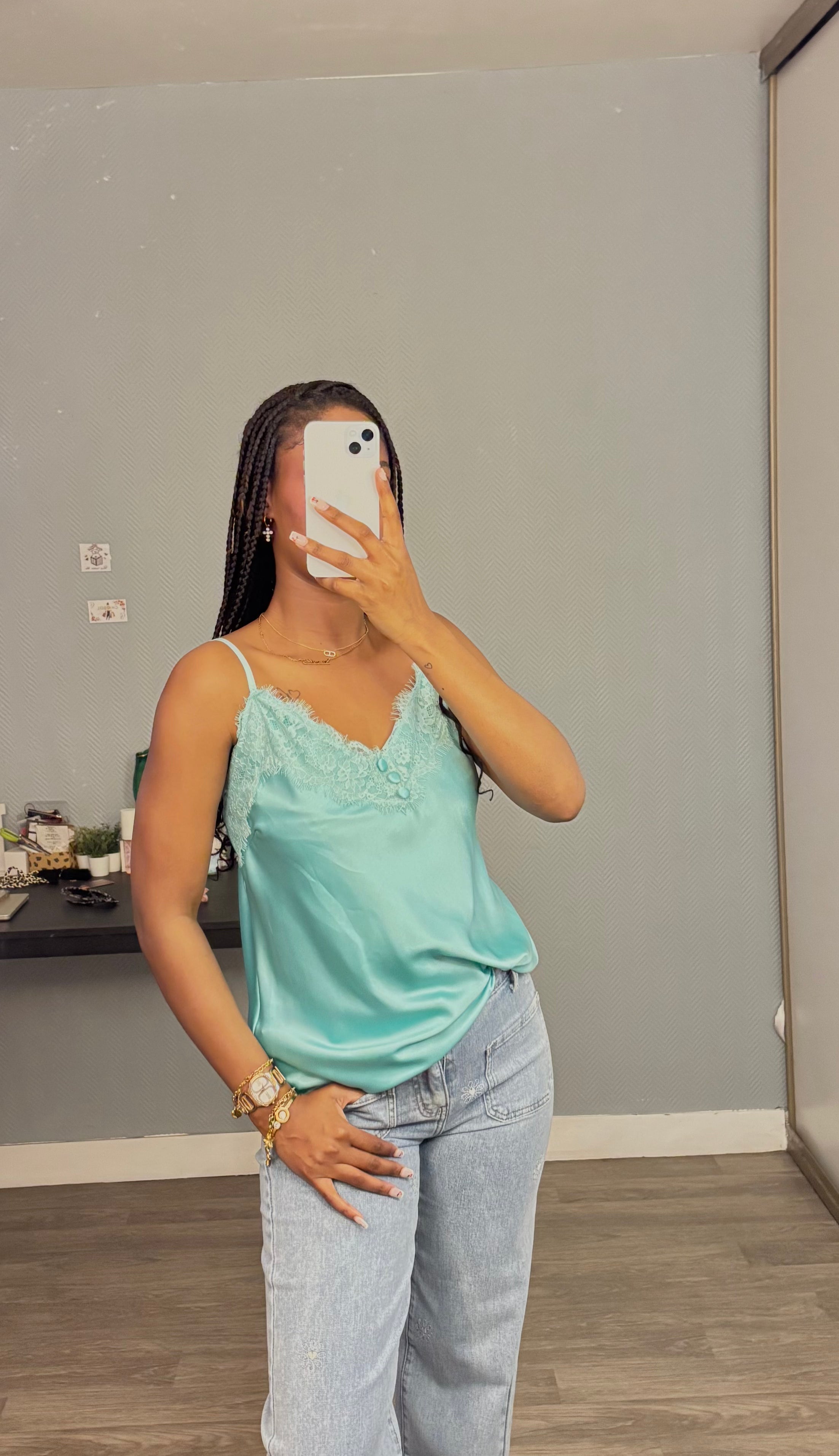 Top dentelle avec boutons Vert D'eau