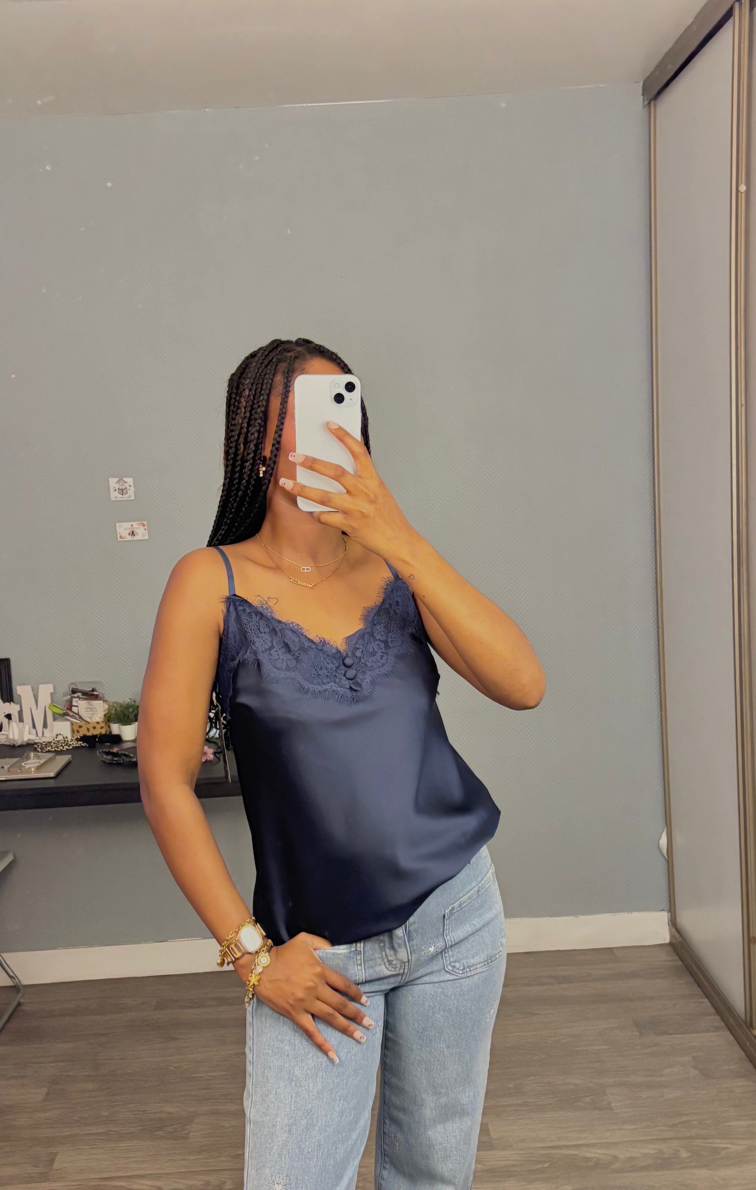 Top dentelle avec boutons Bleu Marine
